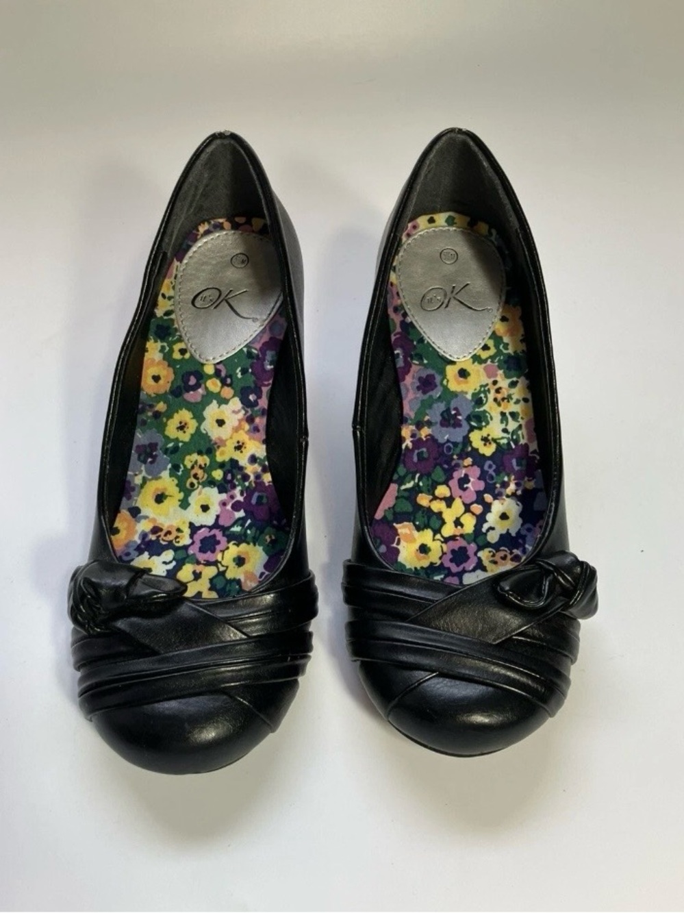 Women's Chunky Heels 5.5 M Bow Round Toe Floral Insole Black
